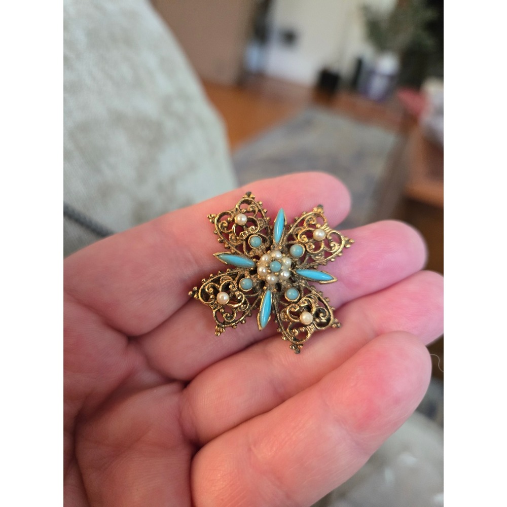 Maltese Cross Brooch Turquoise Rhinestones Faux Seed Pearls Vintage Unsigned